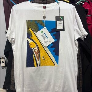 Stefanel White Tee with Vibrant Beach Graphic